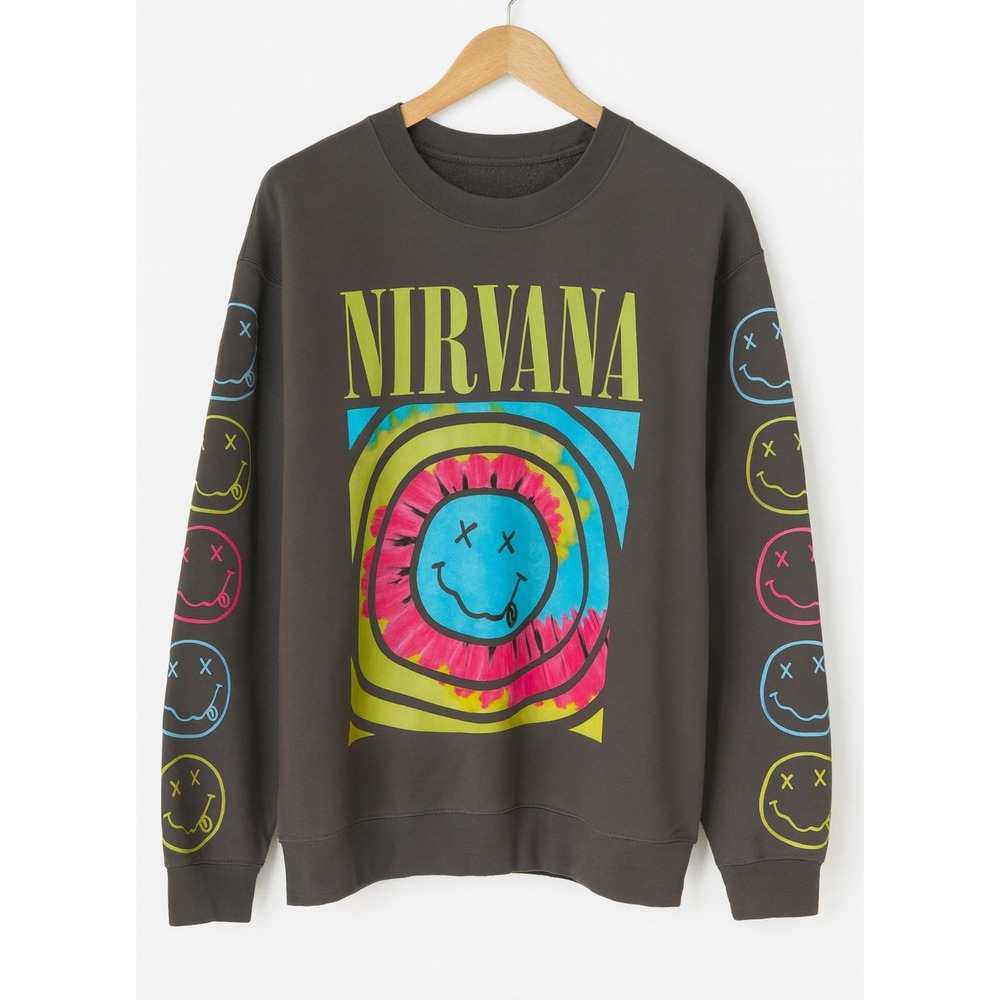Nirvana sz M Overdyed Smiley Long Sleeve Oversized Pullover Sweatshirt Womens
